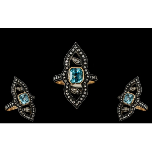 65 - Antique Period 1837 - 1901 Early 9ct Gold Diamond and Aquamarine Set Dress Ring. The Central Faceted... 