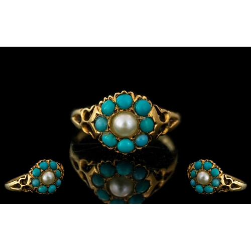 66 - Antique Period - Exquisite / Petite 18ct Gold Turquoise and Pearl Set Dress Ring, Flower head Design... 