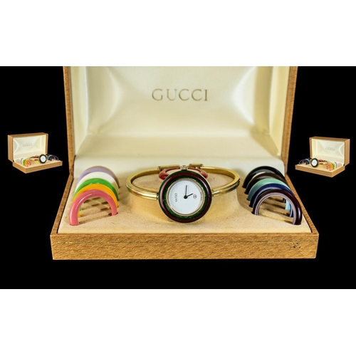 67 - Gucci - 1100 Vintage Ladies 18ct Gold Plated Watch with Collection of Multi-Coloured Bezels, to Matc... 