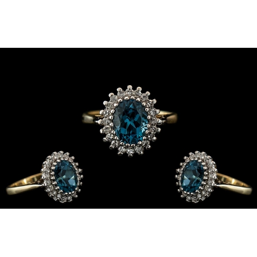 73 - Ladies 9ct Gold Attractive Diamond and Aquamarine Set Cluster Ring. Fully Hallmarked for 9.375. Diam... 