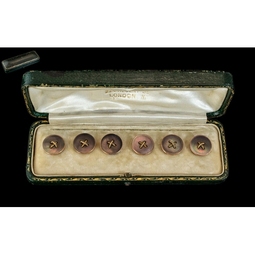 97 - Antique Period Boxed Set of 9ct Gold and Pearl Studs / Buttons. In Original Leather Display Box. Ver... 