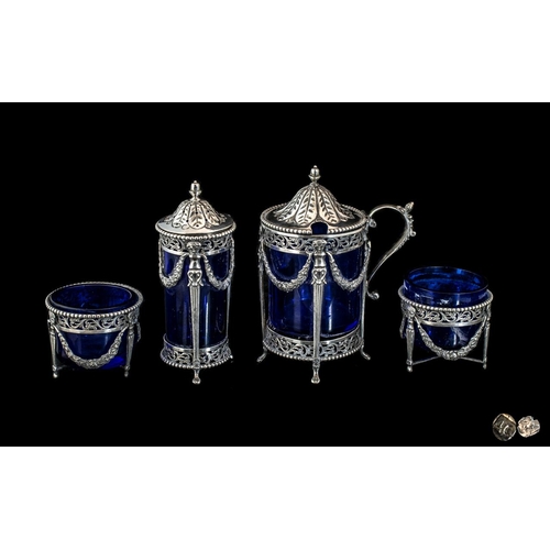 99 - Dutch - Superb Silver Ornate ( 4 ) Piece Cruet Set, Complete with Blue Liners, With Dutch Silver Exp... 