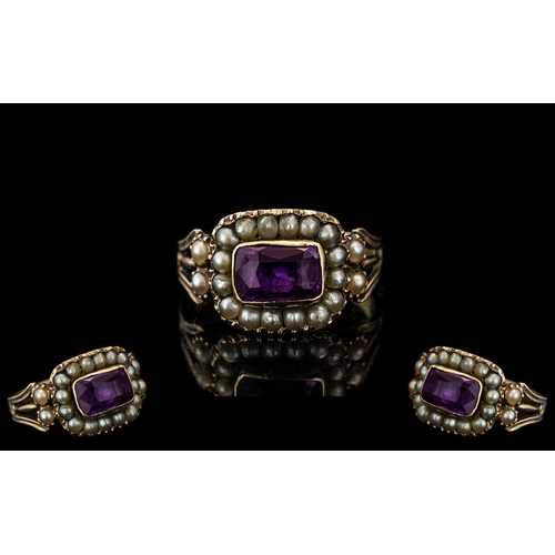 10 - George III - Attractive 15ct Gold Amethyst and Seed Pearl Set Ring. Inscription and Date 1814 to Int... 