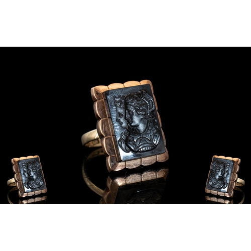 14 - Antique Period - 19th Century Superior Quality 9ct Rose Gold Large Black Onyx Intaglio Ring. Marked ... 