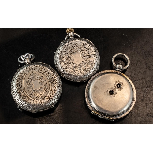 156 - A Fine Trio of Early 20th Century Swiss Made Sterling Silver Cased Ladies Decorative Small Pocket Wa... 