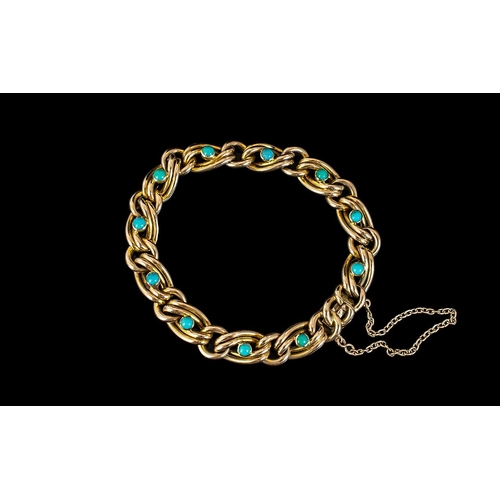 17 - Antique Period - Superb Quality 15ct Gold Turquoise Set Ladies Bracelet with Safety Chain. c.1890's.... 