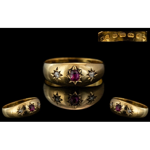 20A - Victorian Period Ladies 22ct Gold Attractive Diamond and Ruby Set Ring, Band Design. Full Hallmark t... 