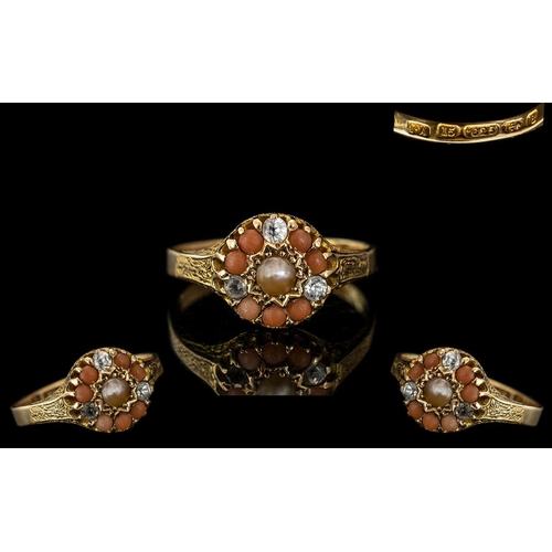 22A - Antique Period - Ladies 15ct Coral Diamond and Pearl Set Dress Ring, With Decorative Setting / Shoul... 