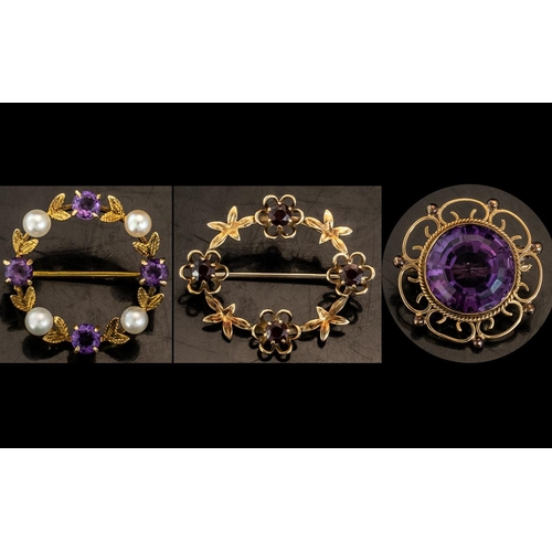 27A - Antique Period Excellent Trio of Stone Set 9ct Gold Brooches. All Fully Hallmarked for 9.375. Compri... 