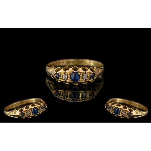 28A - Antique Period 18ct Gold - Attractive Sapphire and Diamond Set Ring. Gallery Setting ( Open Worked )... 