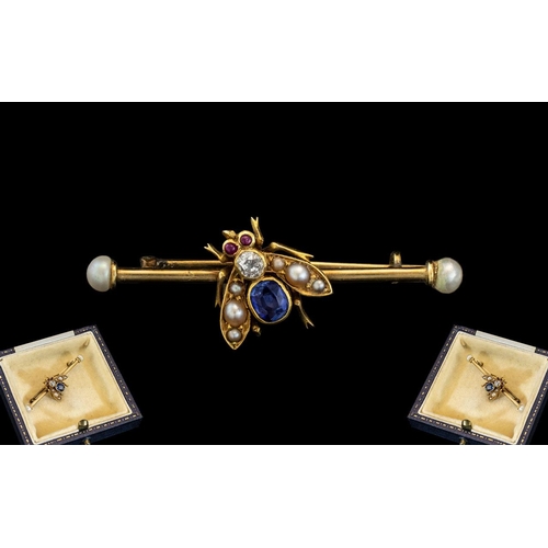 29A - Antique Period Superb ' Bumble Bee ' Novelty 18ct Gold Small Brooch, Set the Central Part of Brooch,... 