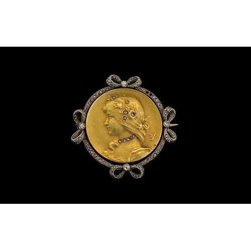 32A - French 19th Century 18ct Gold Round Diamond Set Brooch. c.1880's. The Central Portrait Bust of a You... 