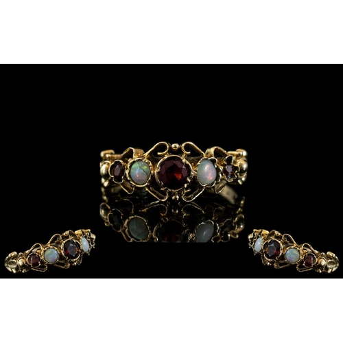 33A - Antique Period 18ct Gold Attractive Opal and Garnet Set Ring. Ornate Shank / Setting. Full Hallmark ... 