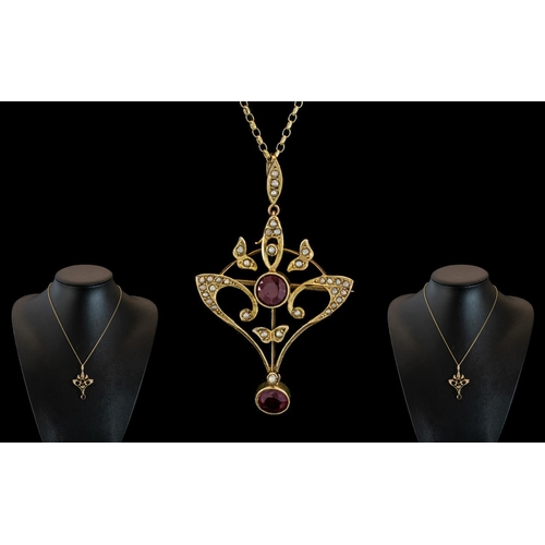 34 - Antique Period - Attractive 15ct Gold Garnet and Seed Pearl Open Worked Pendant / Brooch, With Later... 