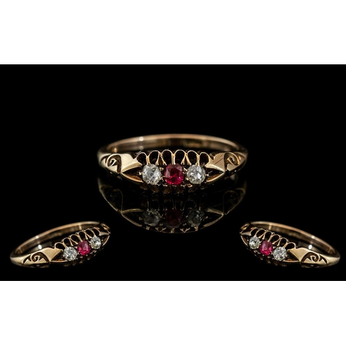 34A - Antique Period - Ladies 18ct Gold 3 Stone Ruby and Diamond Ring. Marked 18ct to Interior of Shank. T... 