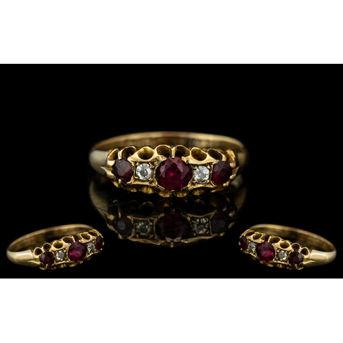 39 - Antique Period - Attractive 18ct Gold Ruby and Diamond Set Ladies Ring, Excellent Setting. The 3 Rub... 