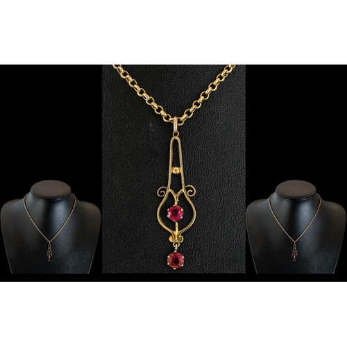 39A - Antique Period - Attractive 9ct Gold Ruby Set Pendant, Attached to a 9ct Gold Belcher Chain. The Two... 