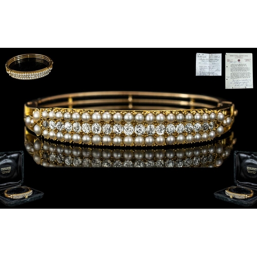 4 - A Mid Victorian Period - Fine and Stunning 18ct Gold Hinged Bangle Set with Pearls and Diamonds. Fro... 