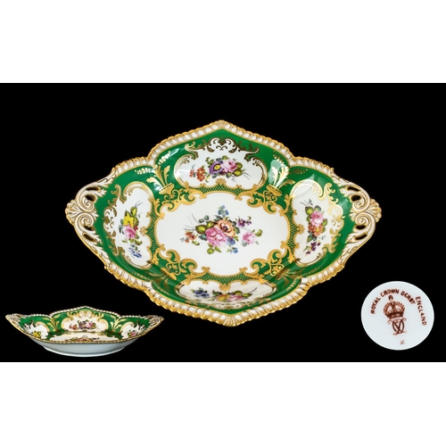 404 - Royal Crown Derby Fine Hand Painted Twin Handle Boat Shaped Bowl. Hand Painted In Panels of Floral S... 