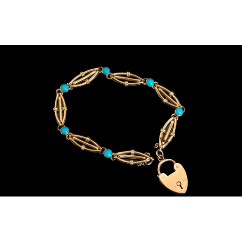 43 - Edwardian Period 1902 - 1910 Superb Ladies 9ct Gold Turquoise Set Bracelet with 9ct Gold Heart Shape... 