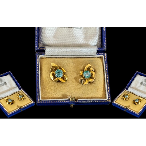 5 - A Ladies Fine Pair of 18ct Gold Blue Zircon Set Earrings, Flower head Design. Est 1.50 ct to Each Ea... 