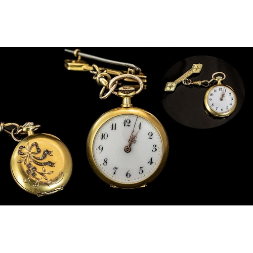 53A - Antique Period French High Quality 14ct Gold Diamond Set Ladies Fob Watch with Brooch Fitting and Se... 