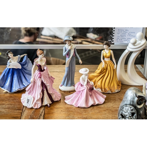 594 - Two Royal Doulton Figures, 'Elaine' HN2791, and 'Karen' HN5021, together with two Coalport figures '... 