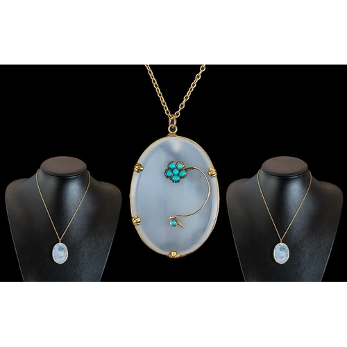 60 - A Victorian Hard Stone Pendant, with mounted turquoise floral decoration, unmarked 9ct gold mount, p... 