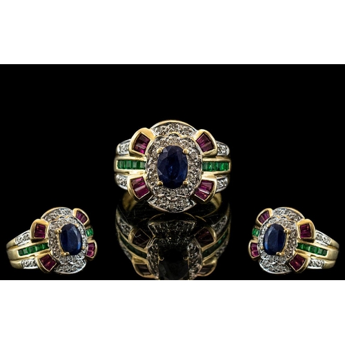 60A - Ladies 14ct Gold Superb Multi Stone Set Dress Ring, Set with Emeralds, Diamonds, Rubies and Sapphire... 