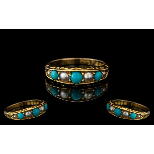 7 - Edwardian Period 1902 - 1910 Good Quality 18ct Gold Turquoise and Pearl Set Ring. Full Hallmark to I... 