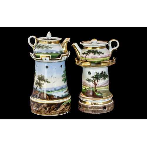1080C - Two Early 19th Century Paris Porcelain ' Veilleuse ' Food Warmers of Castellated Form, With Hand Pai... 