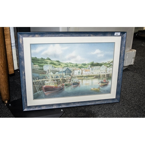 920 - George Dolman Framed Watercolour, harbour scene Dartmouth, depicting trawlers and buildings.  Measur... 