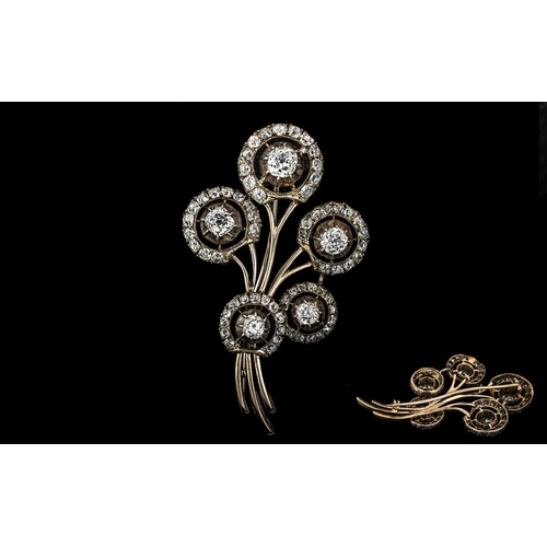 2 - Antique Period - Stunning 18ct Gold Diamond Set Brooch, Floral Bouquet Design. The Five Larger Cushi... 