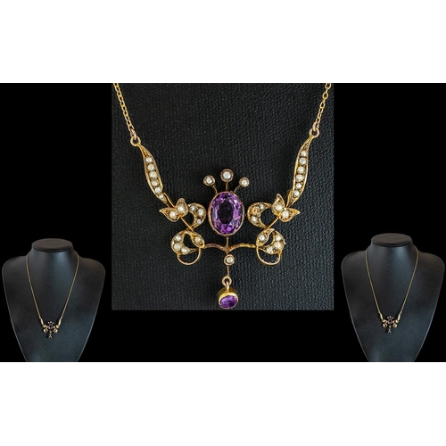 10 - Victorian Period 15ct Gold - Attractive Amethyst and Seed Pearl Set Ornate Pendant Drop with Integra... 