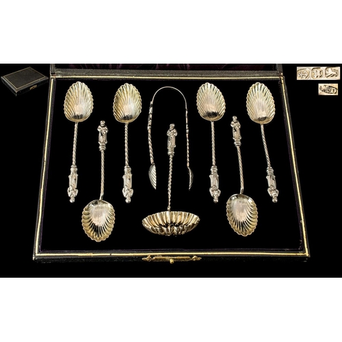 103 - Victorian Period Superb 8 Piece Sterling Silver Set of Six Apostle Teaspoons and Matching Sugar Nips... 