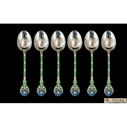 104 - Art Nouveau Design Superb Set of Six ( 6 ) Sterling Silver and Enamel Small Teaspoons, Stylaised Flo... 