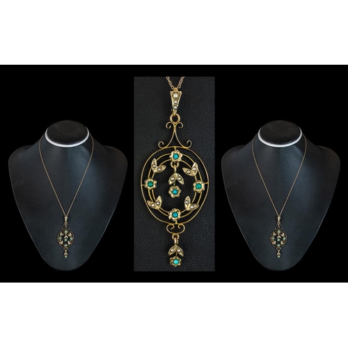 11 - Antique Period - Attractive 9ct Gold Turquoise and Pearl Set Open worked Pendant with Attached 9ct G... 