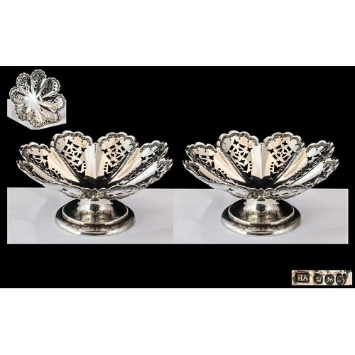 111 - Victorian Period Superb Pair of Sterling Silver Small Pedestal Bowls with Open-worked Decoration and... 