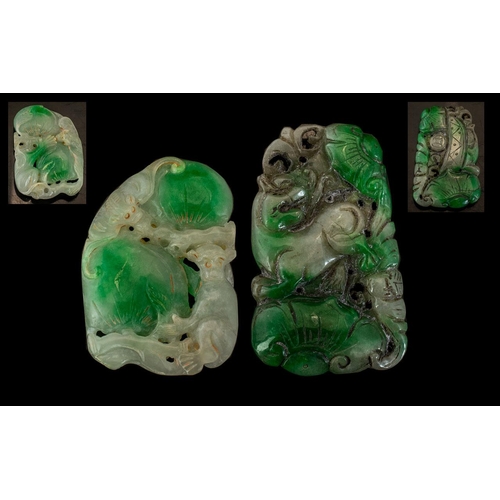 121A - A Fine Pair of Early 20th Century Jade Carved Amulets. One Depicting Monkey and Bats, Surrounding Bu... 