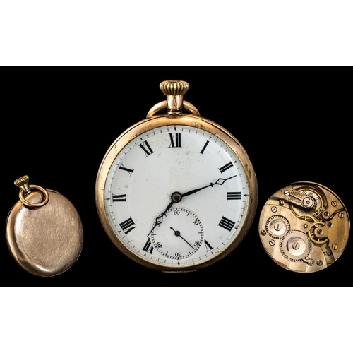 126 - 9ct Gold - Open Faced Key-less Pocket Watch with White Porcelain Dial, Black Numerals, Secondary Dia... 