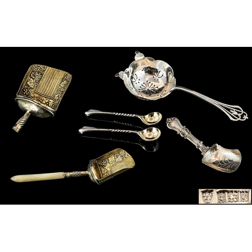 139 - A Small Collection of Antique Sterling Silver Assorted Spoons and Tea Strainers. Features George III... 