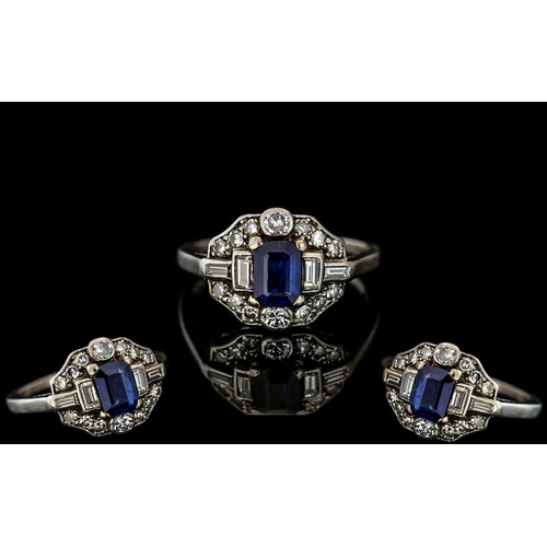 14 - Art Deco Period - Attractive Platinum Diamond and Sapphire Set Ring, Excellent Design. Marked Platin... 