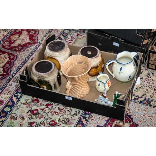 1403 - Box of Ceramics. Includes 3 Good Size Planters ( German ) Sylvac Two Handled Jug, 2 Pieces of John J... 