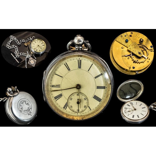 145 - R. Gordon Liverpool Signed Sterling Silver Large Key-wind Fuse Pocket Watch, With Attached Heavy Ste... 