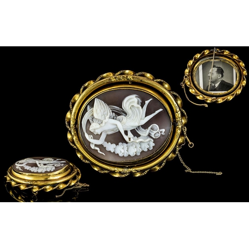14A - Antique Period Large and Impressive Quality 9ct Gold Swivel / Reversible Shell Cameo and Photo Locke... 