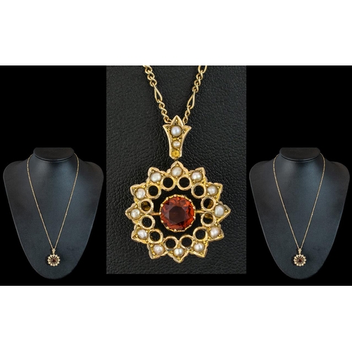 16 - Antique Period - Attractive Open-worked 9ct Gold Seed Pearl and Orange Topaz Set Pendant, Attached t... 