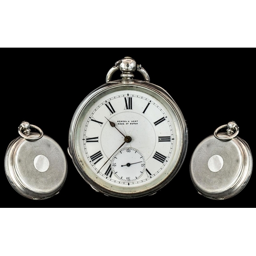 166A - Kendal & Dent Key-Wind Silver Open Faced Pocket Watch. Silver Purity 93.5 - Swiss, Lever Movement.