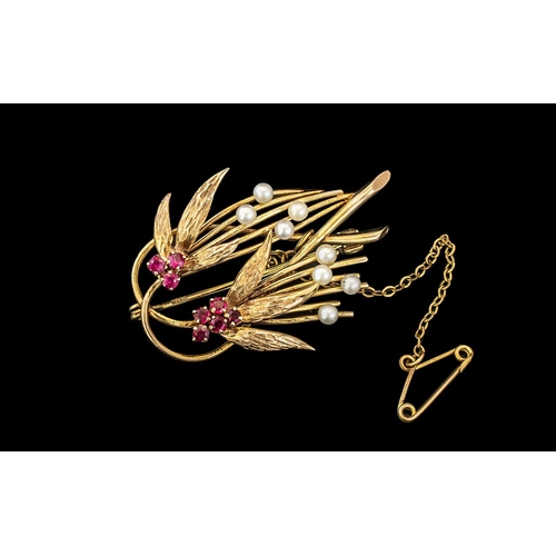 174A - Ladies Superb 9ct Gold Pearl and Rubies Set ' Swallows ' Naturalistic Brooch with Safety Chain. Full... 