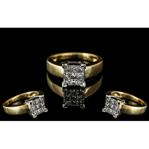 17A - 18ct Gold - Attractive Diamond Set Ring, Solid Shank. The Princes Cut Diamonds of Top Colour and Cla... 