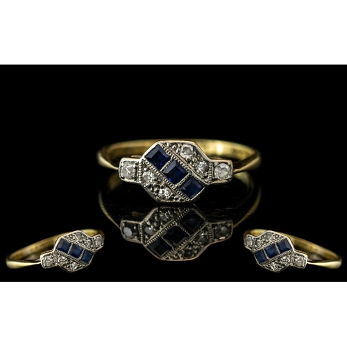 19 - Art Deco Period Petite and Attractive Ladies 18ct Gold and Platinum Diamond / Sapphire Set Ring. Mar... 